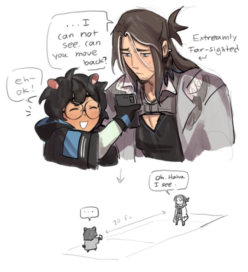 ..., 1boy, 1girl, arknights, brown_hair, chibi, chibi_inset, cropped_torso, doctor_(arknights), english_text, female_doctor_(arknights), glasses, hair_between_eyes, highres, long_hair, multicolored_hair, pectoral_cleavage, pectorals, round_eyewear, shahaechan, shirt, streaked_hair, totter_(arknights), upper_body, white_hair