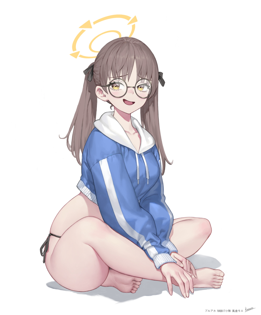 1girl, artist_name, barefoot, bikini, black_bikini, black_ribbon, blue_archive, character_name