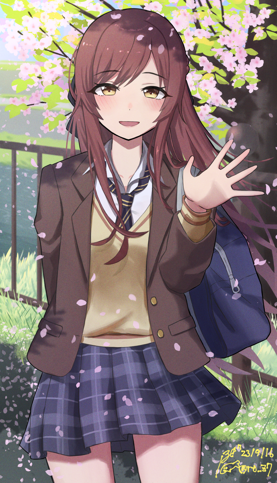 1girl, bag, blazer, blue_skirt, blush, braid, branch, brown_cardigan