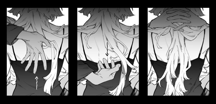 2girls, absurdres, bare_back, from_behind, gundam, gundam_suisei_no_majo, highres, interlocked_fingers, long_hair, miorine_rembran, monochrome, multiple_girls, nideaneng, suletta_mercury, yuri