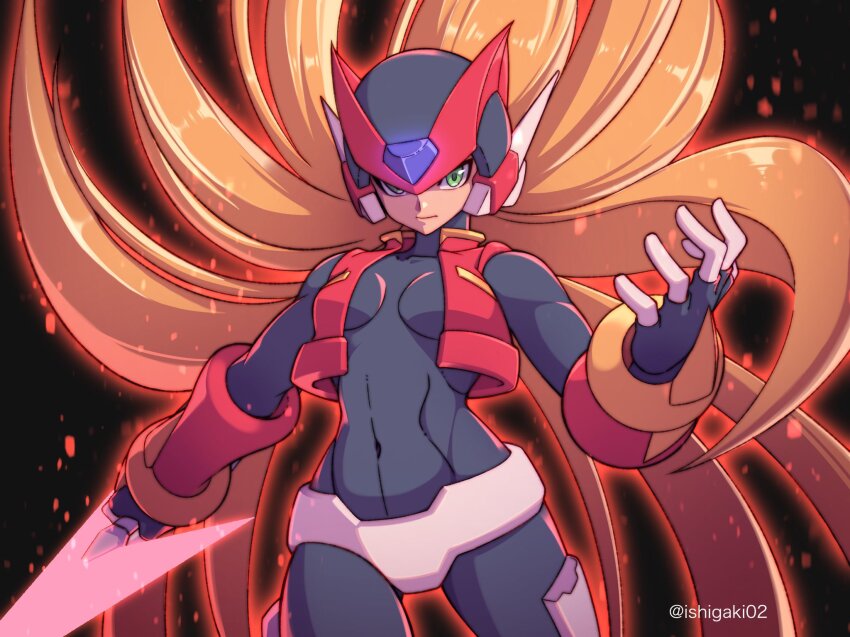 1girl, aile_(mega_man_zx), armor, blonde_hair, breasts, cropped_jacket, energy_sword, green_eyes, helmet, highres, holding, holding_sword, holding_weapon, ishigaki_(sora_roxas), jacket, long_hair, medium_breasts, mega_man_(series), mega_man_zero_(series), mega_man_zx, mega_man_zx_advent, model_ox_(mega_man), omega_(mega_man), open_clothes, open_jacket, power_armor, sword, tagme, weapon