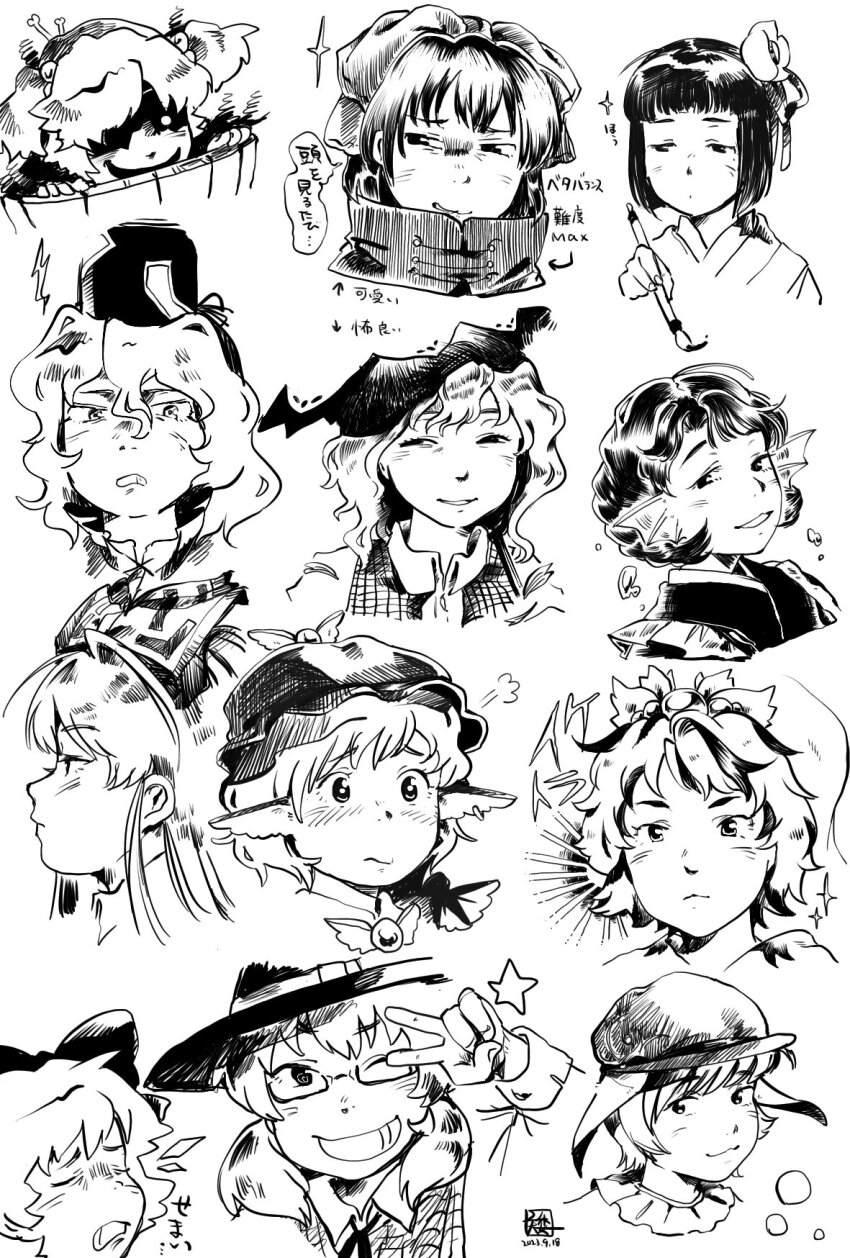 6+girls, animal_ears, bird_ears, bird_wings, blush, bow, newsboy_cap, cape