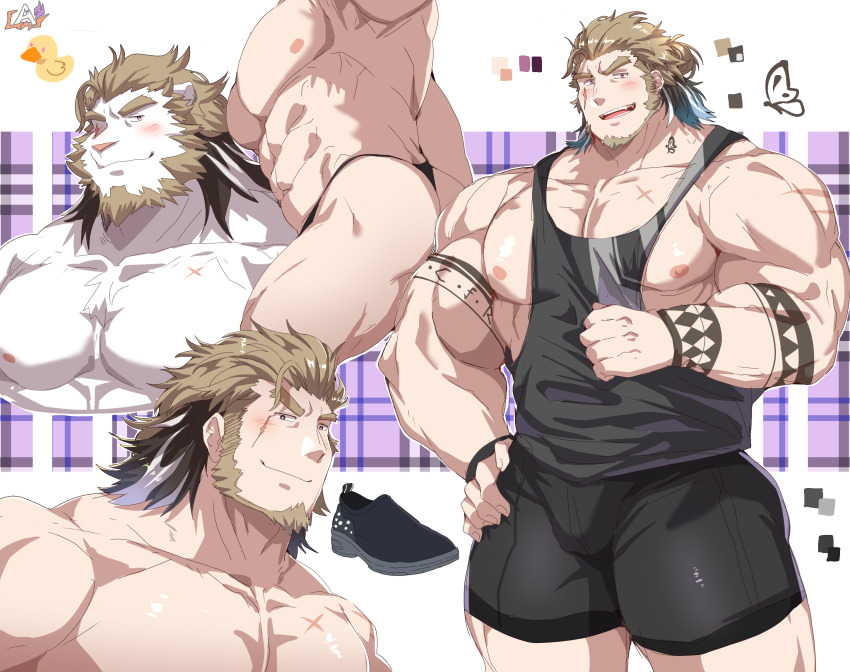 1boy, abs, arm_tattoo, aslan_(leoandaslan), ass, bara, bare_pectorals, beard, bikini_briefs, blush, brown_hair, bulge, reference_sheet, cross_scar, facial_hair, feet_out_of_frame, from_side, furrification, furry, furry_male, highres, huge_ass, large_pectorals, leoandaslan_(leobongnana), lion_boy, looking_at_viewer, male_focus, male_underwear, mature_male, medium_hair, multicolored_hair, multiple_views, muscular, muscular_arms, muscular_legs, muscular_male, navel, navel_hair, nipples, original, pectorals, scar, scar_on_shoulder, sideburns, smile, stomach, streaked_hair, tattoo, thighs, topless_male, underwear, white_fur