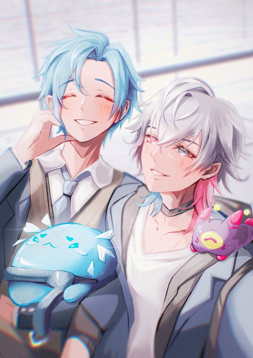 2boys, absurdres, alternate_costume, altventurer_(regis_altare), black_bag, black_choker, blue_eyes, blue_hair, blush, choker, closed_eyes, collared_shirt, creature, creature_on_shoulder, gavis_bettel, grey_hair, hair_between_eyes, heterochromia, highres, holding, holding_creature, holostars, holostars_english, jacket, looking_at_viewer, male_focus, medium_hair, mei_(hiimeiree), multicolored_hair, multiple_boys, necktie, on_shoulder, open_clothes, open_jacket, parted_bangs, phantom_(gavis_bettel), pink_eyes, pink_hair, regis_altare, school_uniform, shirt, short_hair, slime_(creature), smile, sweater_vest, teeth, virtual_youtuber, white_shirt