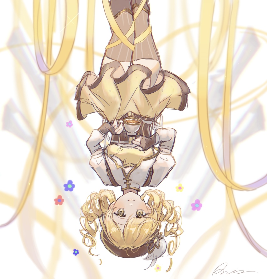 1girl, beret, black_gloves, blonde_hair, cup, detached_sleeves, drill_hair, fingerless_gloves