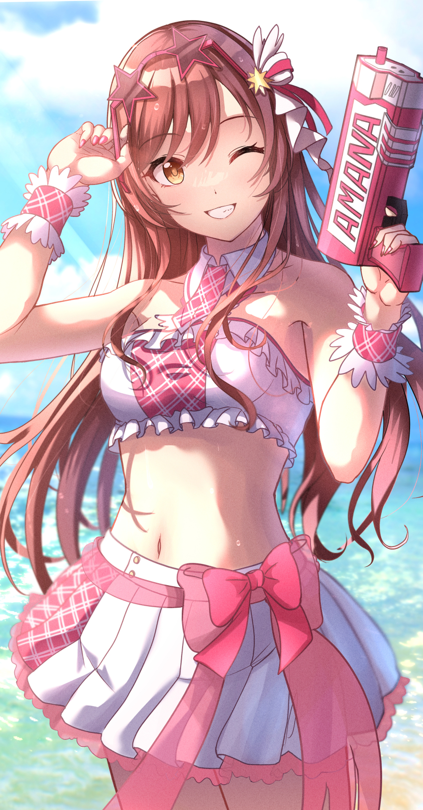 1girl, absurdres, bare_shoulders, brown_hair, citrusmikan, gun, handgun, highres