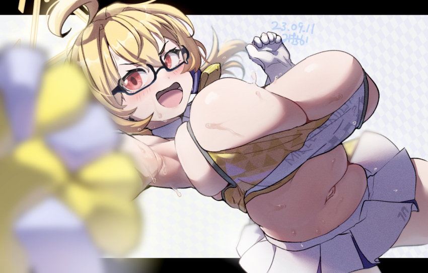 1girl, ahoge, black-framed_eyewear, blonde_hair, blue_archive, blurry, blurry_foreground, blush