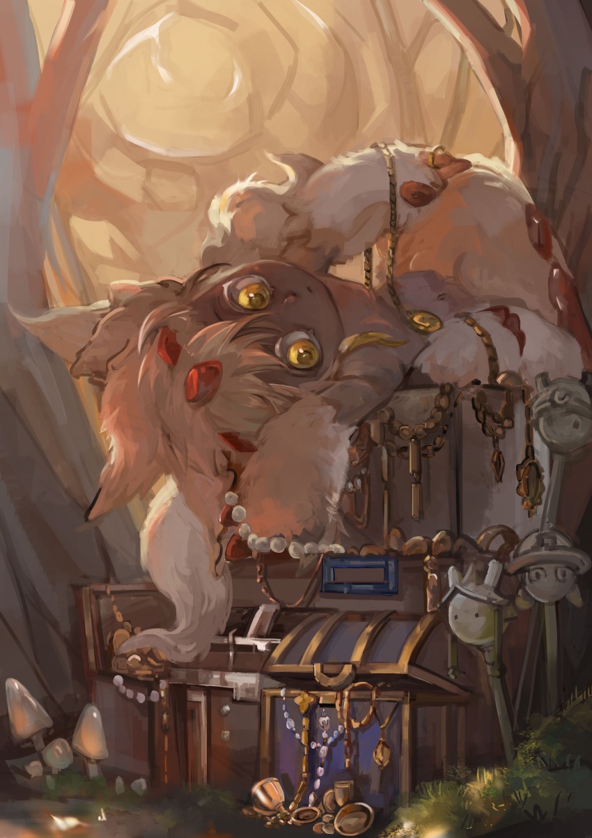 1girl, absurdres, animal_ears, body_fur, bulong144, claws, colored_eyelashes, crate, dark-skinned_female, dark_skin, extra_arms, faputa, fewer_digits, forest, from_side, full_body, highres, horns, jewelry, looking_to_the_side, lying, made_in_abyss, monster_girl, multiple_horns, multiple_tails, mushroom, nature, navel, necklace, on_back, outdoors, pearl_necklace, red_horns, short_hair, solo, tail, treasure_chest, tree, white_fur, white_hair, wide-eyed, yellow_eyes