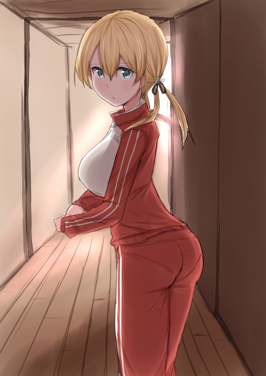 1girl, absurdres, alternate_costume, anchor_hair_ornament, aqua_eyes, ass, blonde_hair, breasts