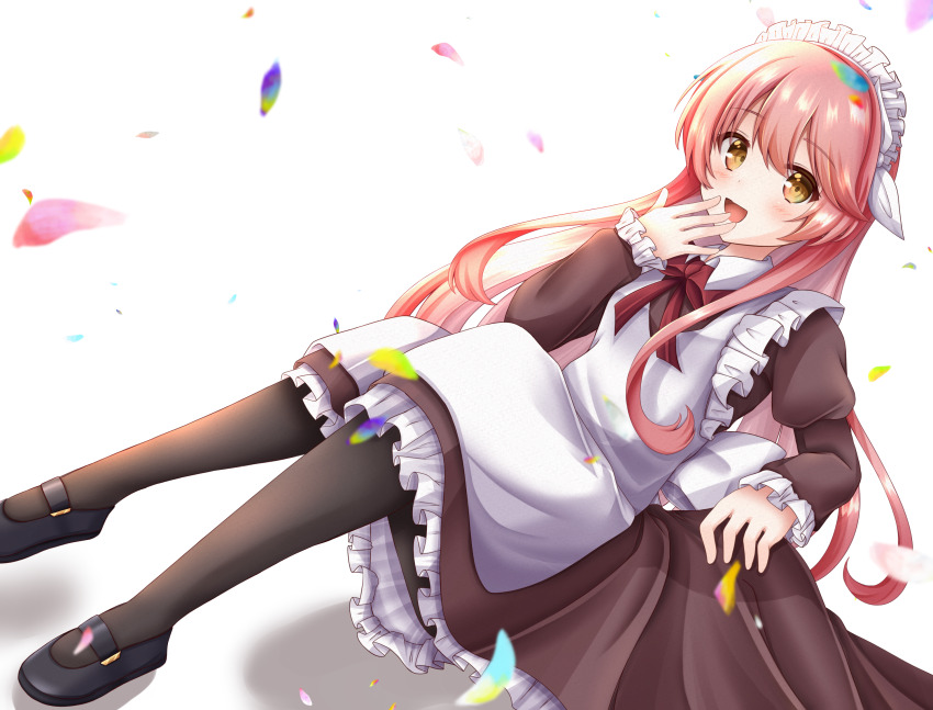 1girl, :d, alternate_costume, apron, back_bow, black_pantyhose, blurry, blush