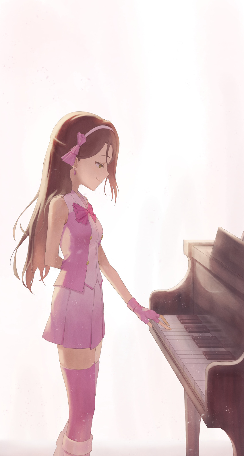 1girl, absurdres, bare_shoulders, boots, highres, instrument, long_hair, love_live!, love_live!_sunshine!!, piano, red_hair, sakurauchi_riko, simple_background, sleeveless, smile, solo, sunkeun, white_boots, yellow_eyes