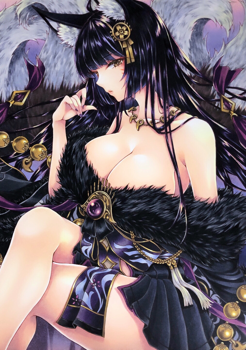 1girl, animal_ear_fluff, animal_ears, azur_lane, bare_shoulders, black_hair, black_kimono, black_skirt