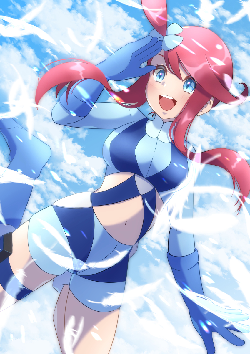 1girl, absurdres, blue_eyes, blue_gloves, blue_shorts, blue_sky, breasts, cloud