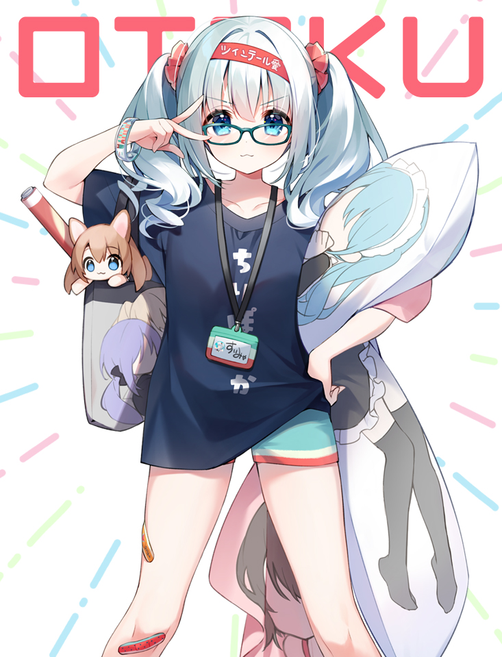 1girl, bandaid, bandaid_on_knee, bandaid_on_leg, black_shirt, blue-framed_eyewear, blue_eyes, blue_hair