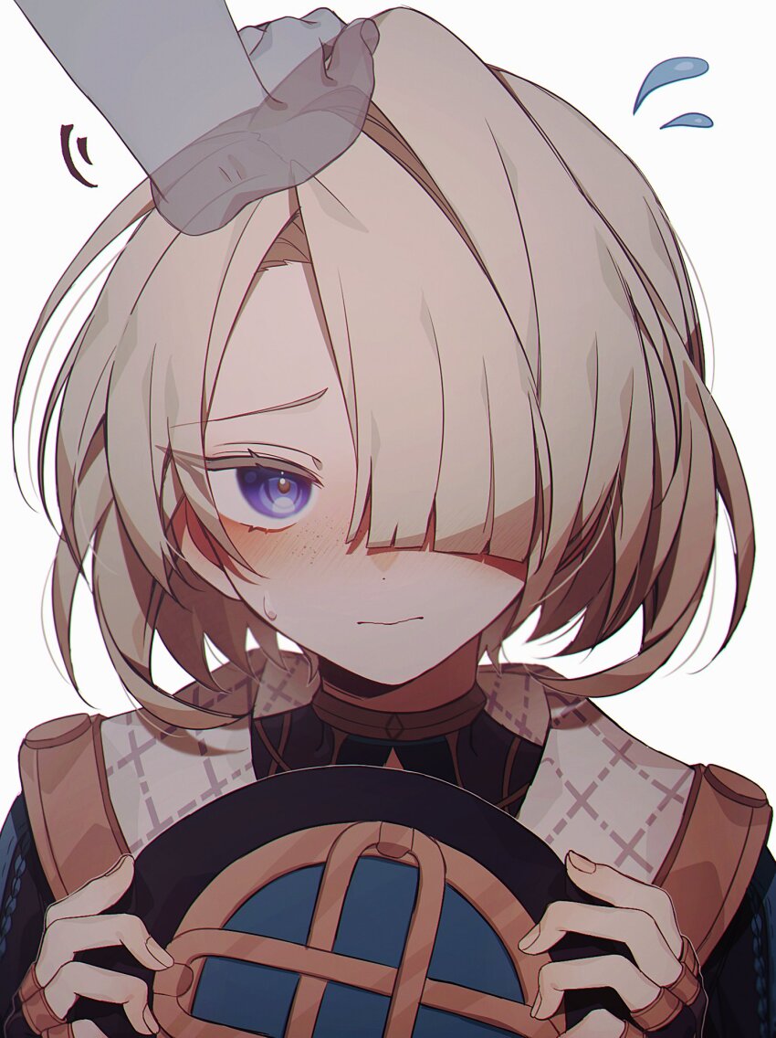 1boy, 1other, androgynous, blonde_hair, blue_eyes, blush, closed_mouth, coojisan