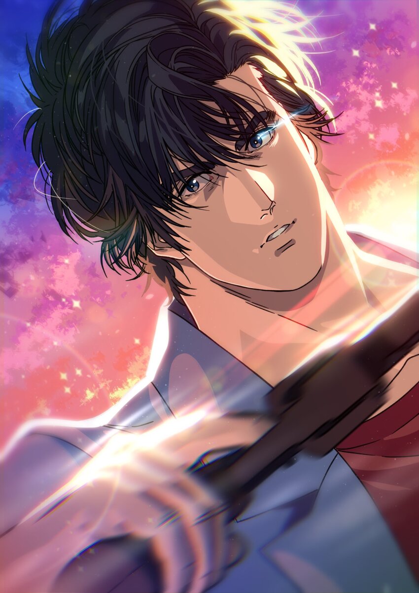 1boy, 44_magnum, black_eyes, black_hair, blue_jacket, city_hunter, collarbone, dutch_angle
