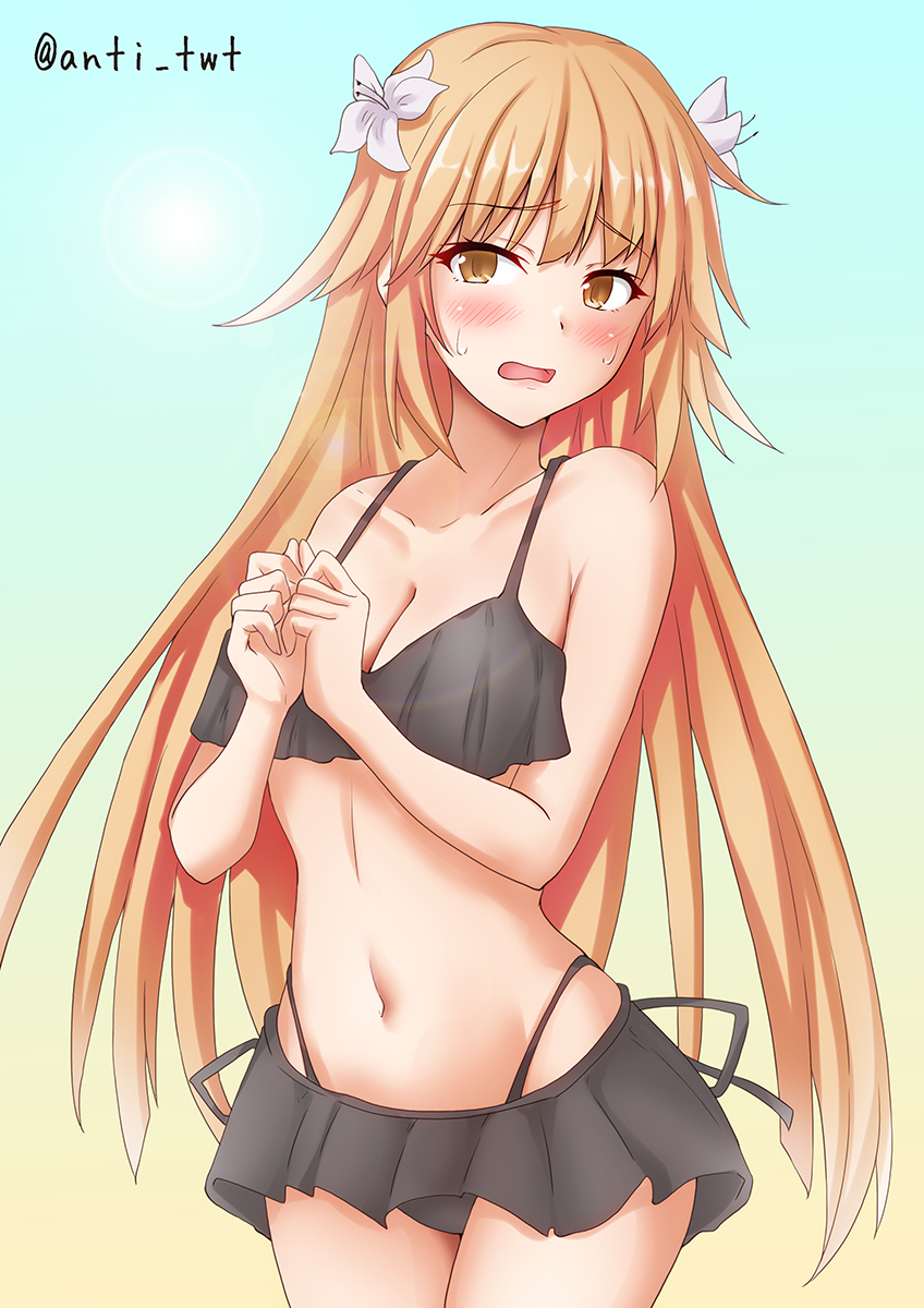 1girl, anti_(untea9), bikini, bikini_skirt, black_bikini, blonde_hair, blue_background, blush
