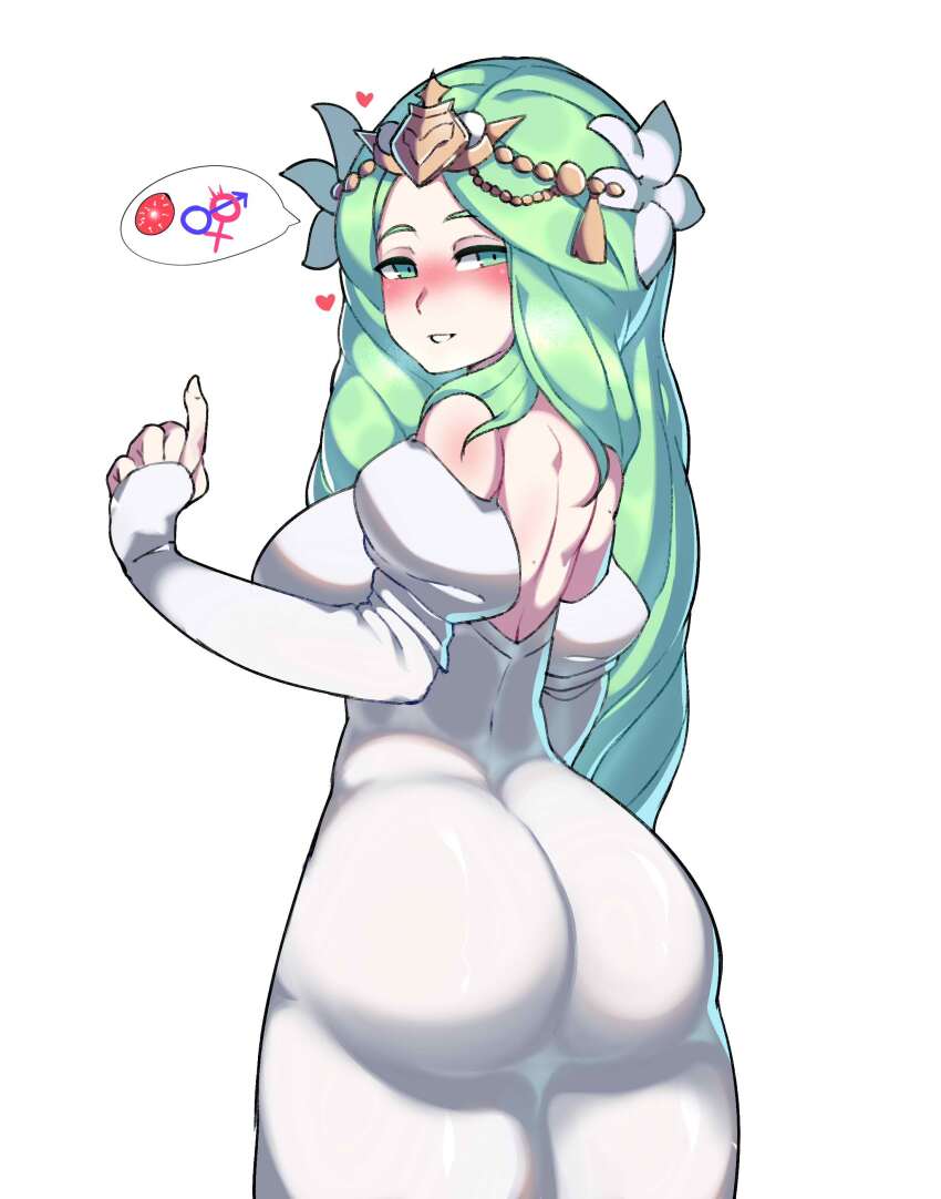 absurdres, bare_back, blush, facing_away, fire_emblem, fire_emblem:_three_houses, green_eyes, green_hair, highres, long_hair, looking_at_viewer, looking_back, mars_symbol, nintendo, rhea_(fire_emblem), tetsu_chokoreto, venus_symbol