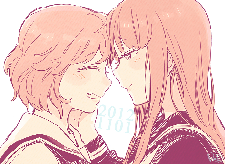 2012, 2girls, black_sailor_collar, blush, closed_eyes, dated, enoki_sachi, fang