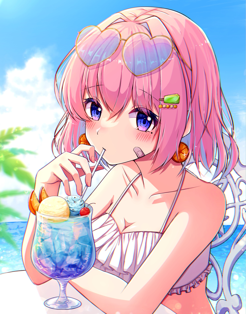 1girl, absurdres, bandaid, bandaid_on_face, bare_shoulders, bikini, blue_hair, blue_sky, blush, cloud, collarbone, commentary, cup, day, drink, drinking, drinking_straw, earrings, eyewear_on_head, frilled_bikini, frills, gradient-tinted_eyewear, hair_between_eyes, hair_ornament, harumatsu, heart, heart-shaped_eyewear, highres, jewelry, looking_at_viewer, mole, mole_under_eye, multicolored_hair, original, outdoors, pink_hair, purple_eyes, short_hair, sidelocks, sitting, sky, solo, swimsuit, untranslatable_commentary, tinted_eyewear, two-tone_hair