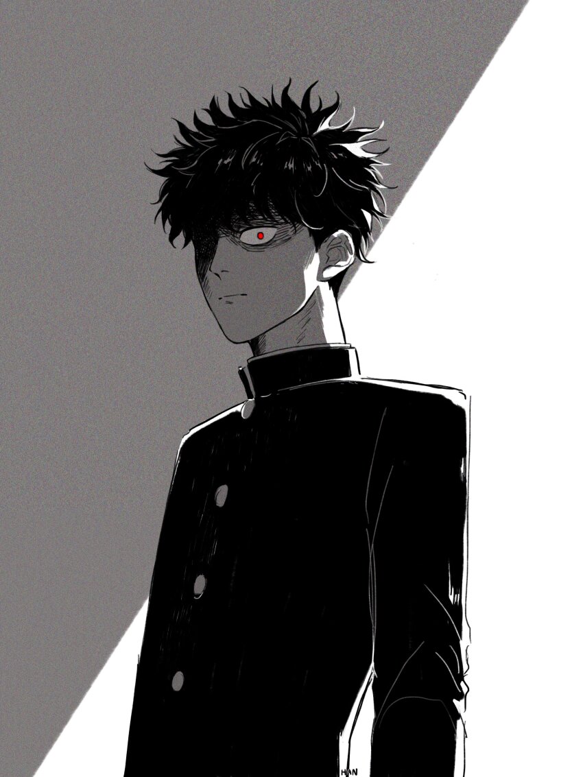1boy, absurdres, black_hair, bowl_cut, floating_hair, gakuran, greyscale, hannnn, highres, kageyama_shigeo, looking_at_viewer, male_focus, mob_psycho_100, monochrome, school_uniform, solo, staring