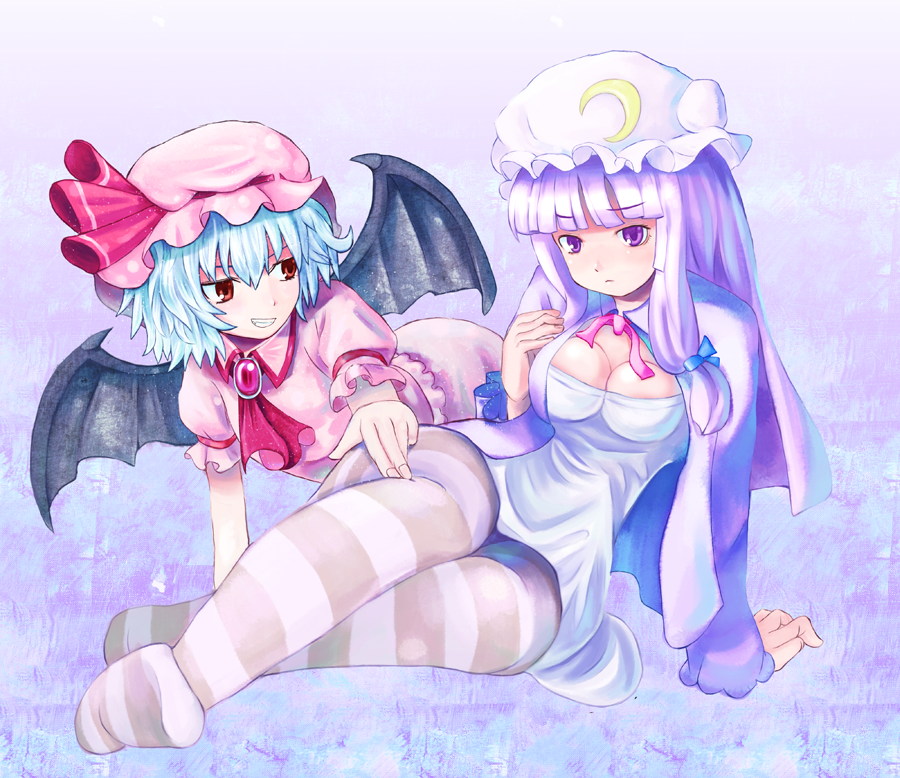 2girls, bat_wings, breasts, cleavage, embodiment_of_scarlet_devil, female_focus, multiple_girls, pantyhose