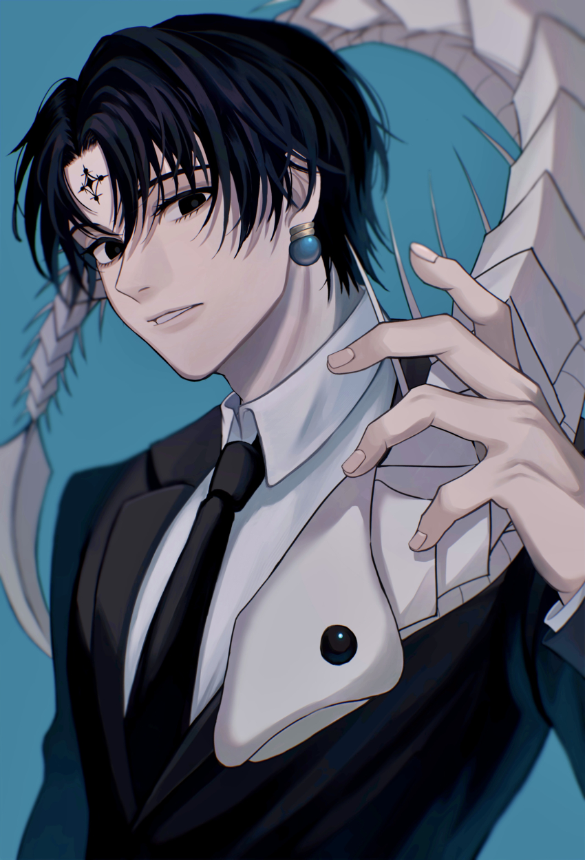 1boy, absurdres, aqua_background, black_eyes, black_hair, black_jacket, black_necktie, black_suit, blurry, chrollo_lucilfer, collared_shirt, commentary, cross_tattoo, depth_of_field, earrings, facial_tattoo, fingernails, forehead_tattoo, formal_clothes, hair_between_eyes, hand_up, highres, hunter_x_hunter, indoor_fish, jacket, jewelry, long_sleeves, looking_at_viewer, male_focus, necktie, nen_(hunter_x_hunter), parted_bangs, parted_lips, shirt, short_hair, simple_background, solo_focus, suit, tattoo, upper_body, white_shirt, yohane_(yohane007)