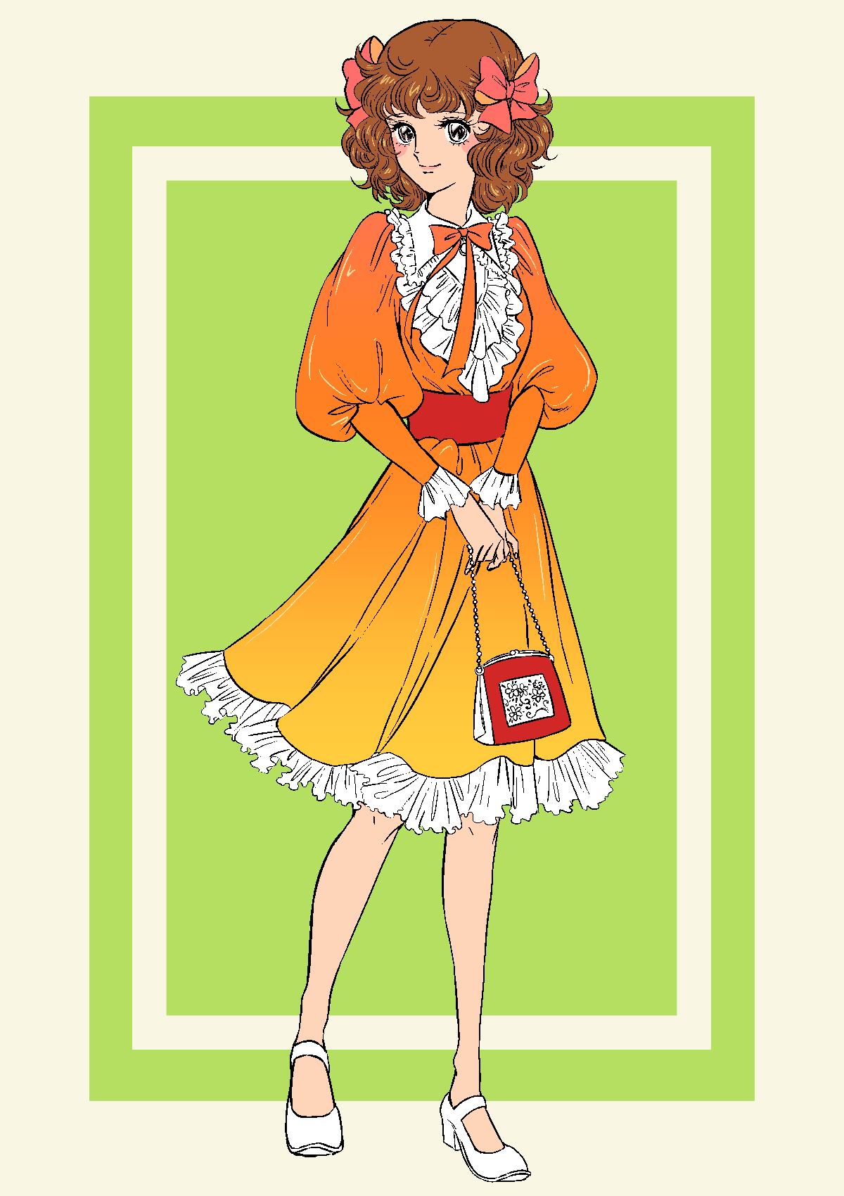 1girl, bag, black_eyes, blush_stickers, bow, brown_hair, curly_hair, dress