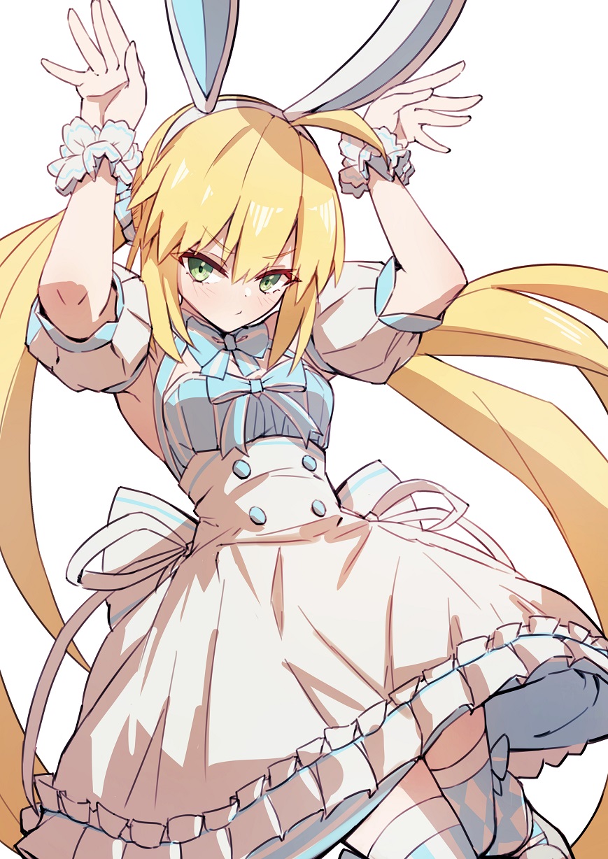 1girl, ahoge, animal_ears, apron, artoria_caster_(fate), artoria_caster_(swimsuit)_(fate), artoria_caster_(swimsuit)_(second_ascension)_(fate), artoria_caster_(swimsuit_berserker)_(second_ascension)_(fate)