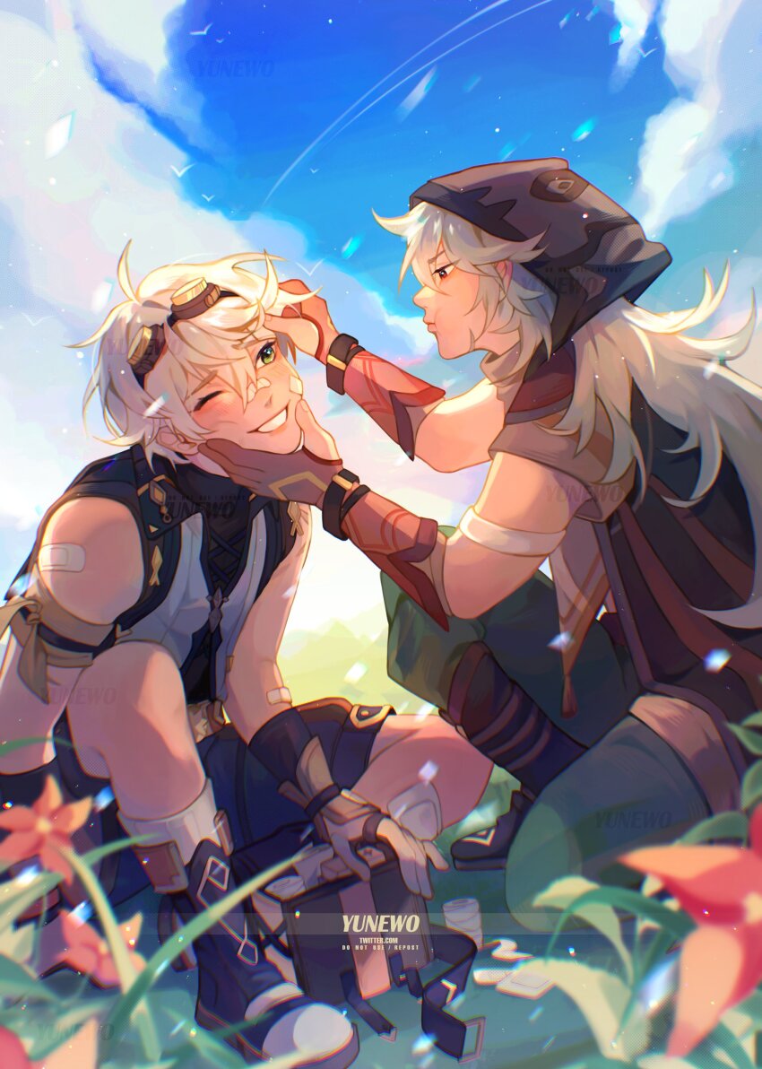 2boys, absurdres, ahoge, arm_scarf, artist_name, bandaid, bandaid_on_arm, bandaid_on_cheek, bandaid_on_face, bandaid_on_forehead, bandaid_on_leg, bandaid_on_nose, bandaid_on_shoulder, belt, bennett_(genshin_impact), bird, black_footwear, blue_shorts, blue_sky, blurry, blurry_foreground, blush, boots, brown_gloves, brown_shirt, cloud, cloudy_sky, coat, collared_shirt, commentary, cross-laced_clothes, day, english_commentary, eyelashes, first_aid_kit, flower, gauze, genshin_impact, gloves, goggles, goggles_on_head, grass, green_eyes, green_pants, grey_hair, grin, hair_between_eyes, hand_on_another's_chin, hands_up, highres, hood, hood_up, hooded_coat, knee_up, kneeling, light_particles, long_hair, looking_at_another, male_focus, multiple_boys, on_ground, on_one_knee, orange_flower, outdoors, pants, partially_fingerless_gloves, plant, profile, razor_(genshin_impact), red_eyes, scar, scar_on_face, shirt, short_hair, short_sleeves, shorts, sidelocks, sitting, sky, sleeveless, sleeveless_coat, sleeveless_shirt, smile, tassel, teeth, watermark, white_hair, white_shirt, yunewo