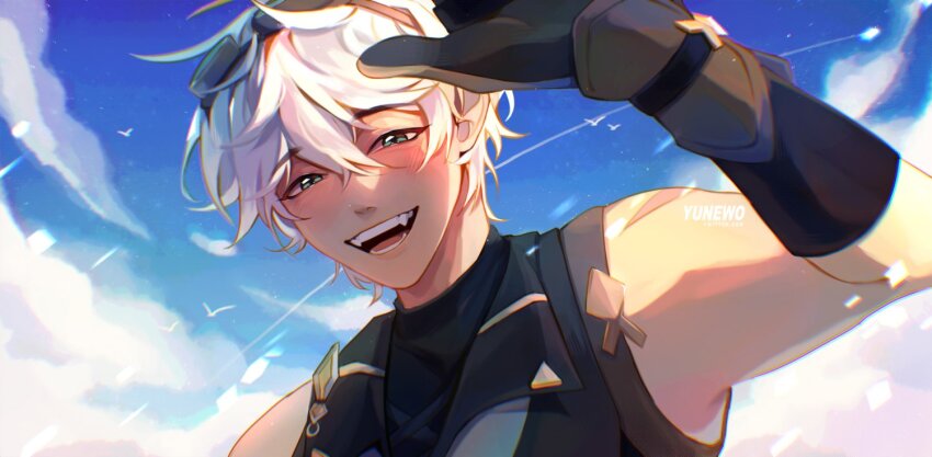 1boy, :d, arm_up, artist_name, bennett_(genshin_impact), bird, black_shirt, blue_sky