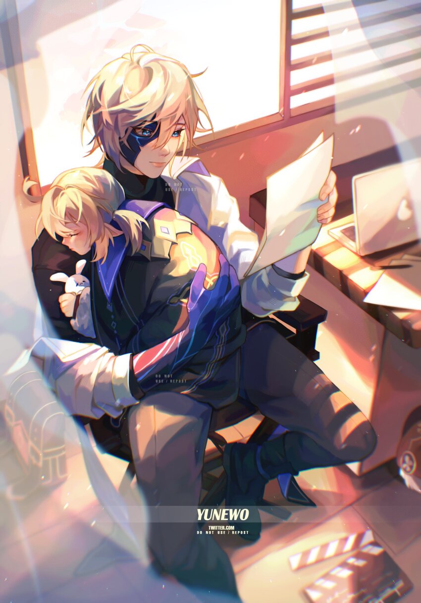 1boy, 1girl, absurdres, ahoge, artist_name, backpack, bag, black_coat