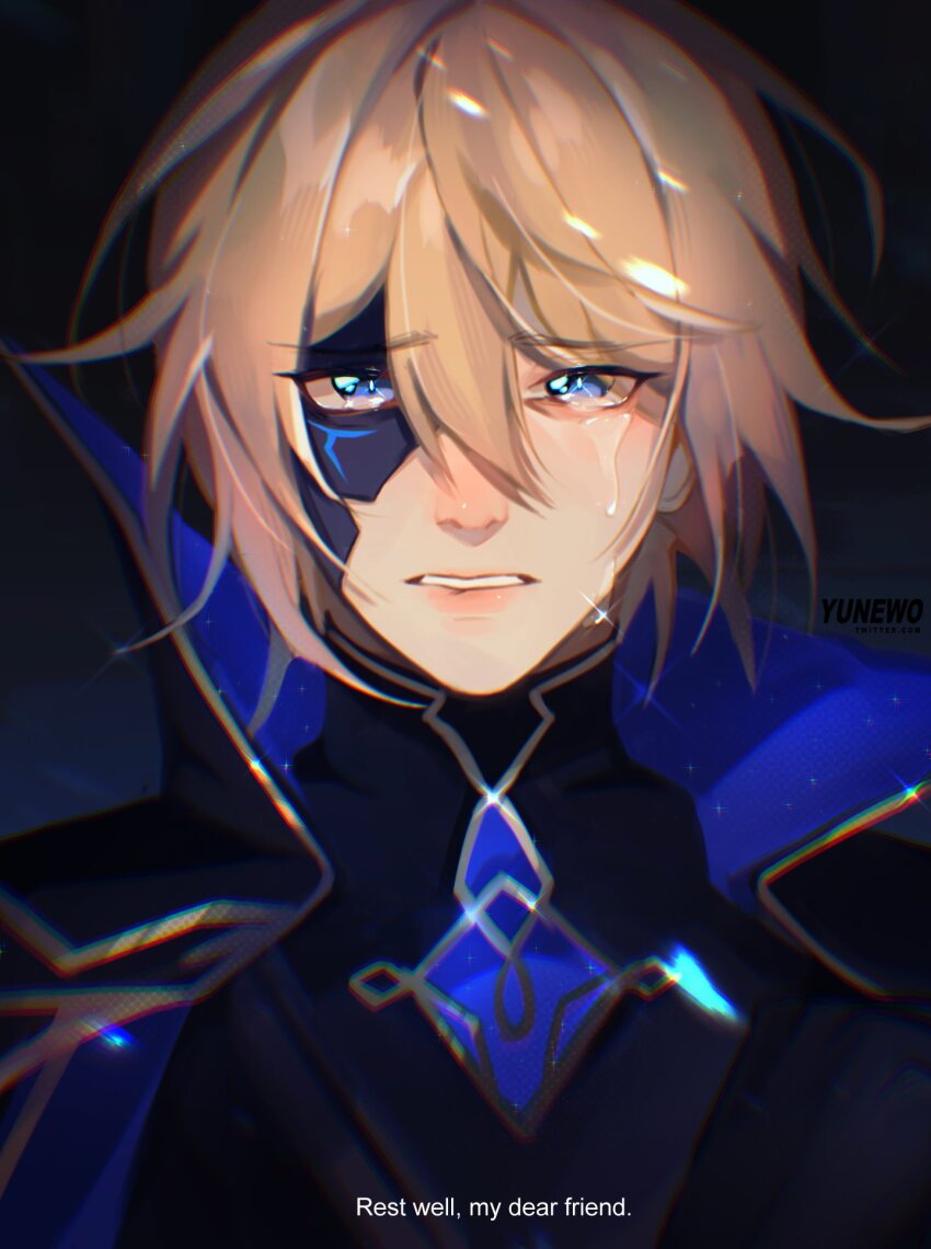 1boy, black_background, black_cape, black_mask, blonde_hair, blue_eyes, cape, collared_cape