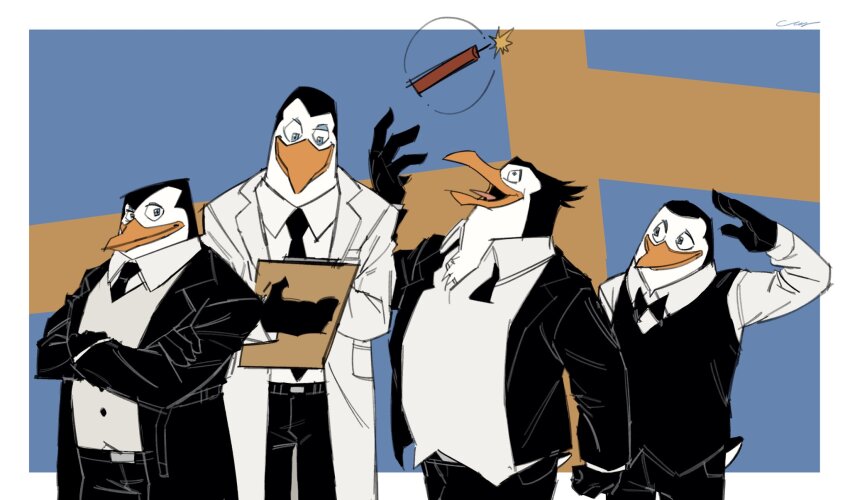 4boys, arm_at_side, arm_up, belt, bird, black_belt, black_bow, black_bowtie