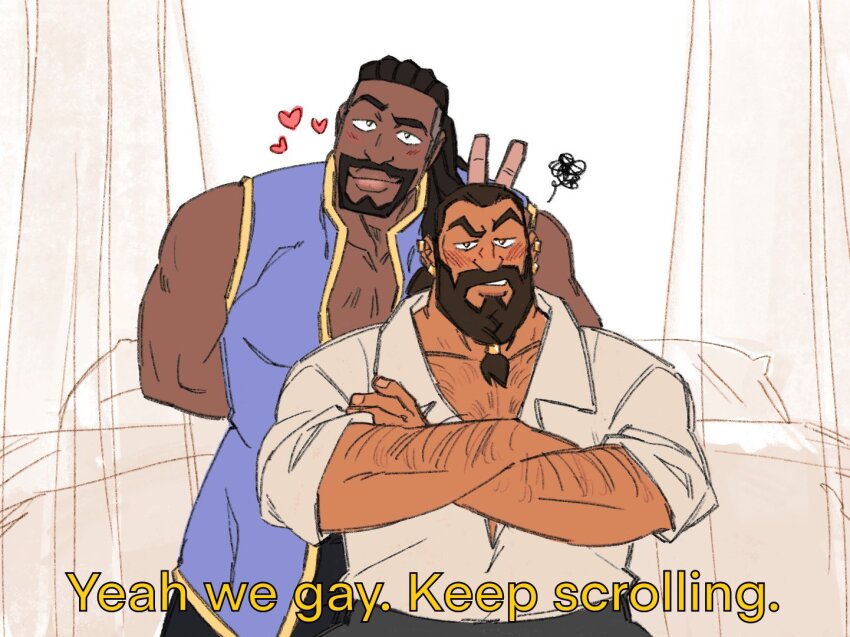 2boys, arm_hair, bara, beard, bed, blush, brown_hair, chest_hair