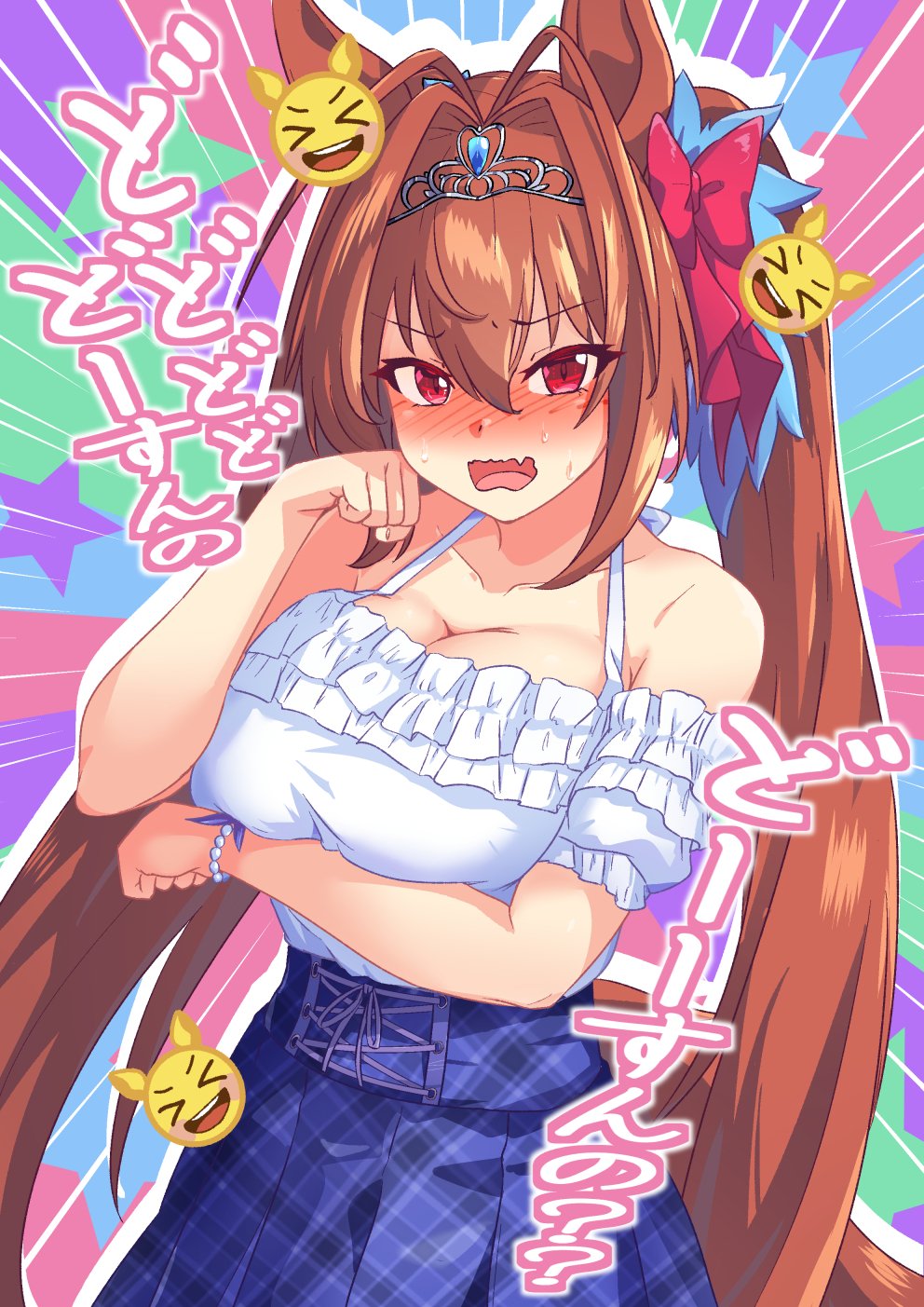 >_<, 1girl, animal_ears, arm_under_breasts, bare_shoulders, blue_skirt, blush, bow