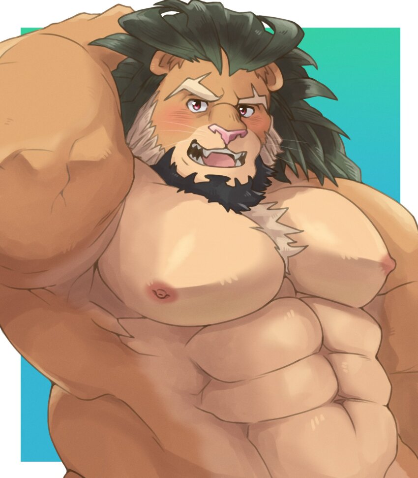 1boy, abs, animal_ears, arm_behind_back, armpit_peek, arsalan_(housamo), bara, beard