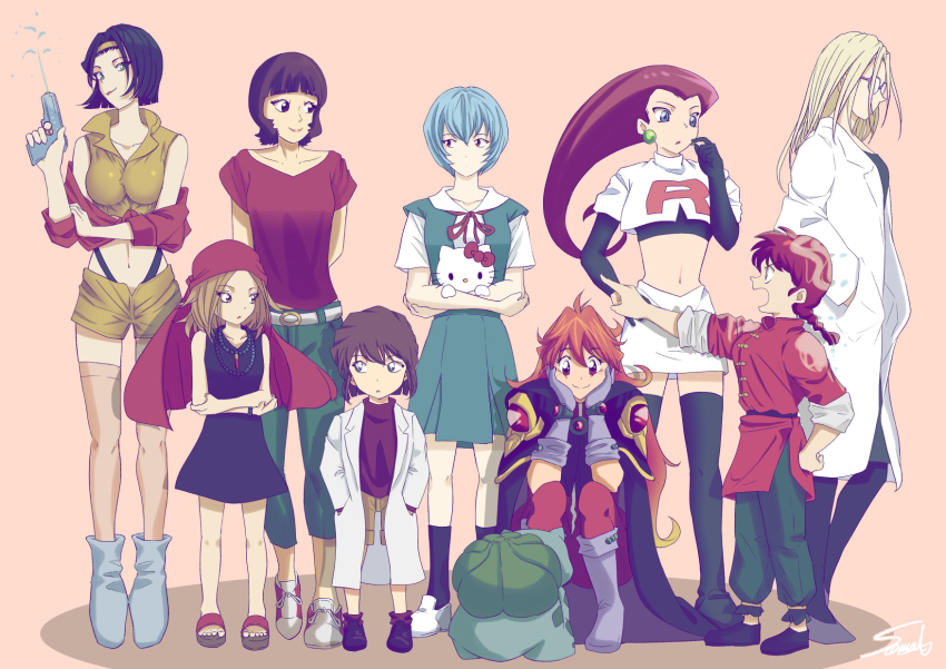 6+girls, ayanami_rei, bandana, belt, black_cape, black_dress, black_gloves, black_hair, black_shirt, blonde_hair, blue_footwear, blue_hair, blue_skirt, blunt_bangs, bow, brown_eyes, brown_hair, bulbasaur, cape, chinese_clothes, commentary_request, cowboy_bebop, crossover, dress, earrings, faye_valentine, gen_1_pokemon, glasses, gloves, green_pants, grey_gloves, haibara_ai, hand_on_own_hip, hands_in_pockets, hayashibara_megumi, hello_kitty, hello_kitty_(character), highres, holding, holding_water_gun, jacket, jessie_(pokemon), jewelry, kyouyama_anna, lab_coat, lina_inverse, long_hair, meitantei_conan, miyano_elena, multiple_crossover, multiple_girls, navel, necklace, neon_genesis_evangelion, nintendo, pants, paprika, paprika_(character), pointing, pokemon, pokemon_(anime), pokemon_(classic_anime), pokemon_(creature), ranma-chan, ranma_1/2, red_bandana, red_bow, red_eyes, red_jacket, red_pants, red_ribbon, red_shirt, ribbon, sandals, sanrio, school_uniform, shaman_king, shirt, shoes, short_hair, short_sleeves, shorts, skirt, slayers, smile, sneakers, sooma4869, squatting, thighhighs, tokyo-3_middle_school_uniform, voice_actor_connection, water_gun, white_belt, white_footwear, white_shirt, white_skirt, yellow_jacket, yellow_shorts