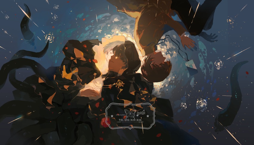 2boys, absurdres, black_cloak, black_hair, brown_jacket, chinese_commentary, cloak, closed_eyes