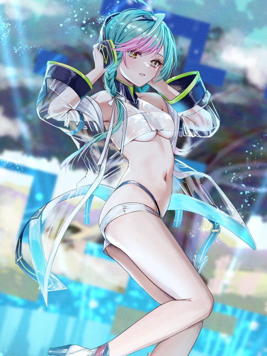 1girl, aqua_hair, bare_shoulders, blurry, blurry_background, braid, breasts, cassius_(phantom_of_the_kill), chigusa_minori, collarbone, commentary_request, feet_out_of_frame, gradient_hair, headphones, high_heels, highleg, highleg_panties, highres, jacket, light_blush, light_particles, long_hair, long_sleeves, looking_at_viewer, medium_breasts, micro_shorts, multicolored_hair, navel, panties, parted_lips, phantom_of_the_kill, pink_hair, see-through_clothes, see-through_jacket, shirt, shorts, solo, stomach, twin_braids, underboob, underwear, white_footwear, white_shirt, yellow_eyes