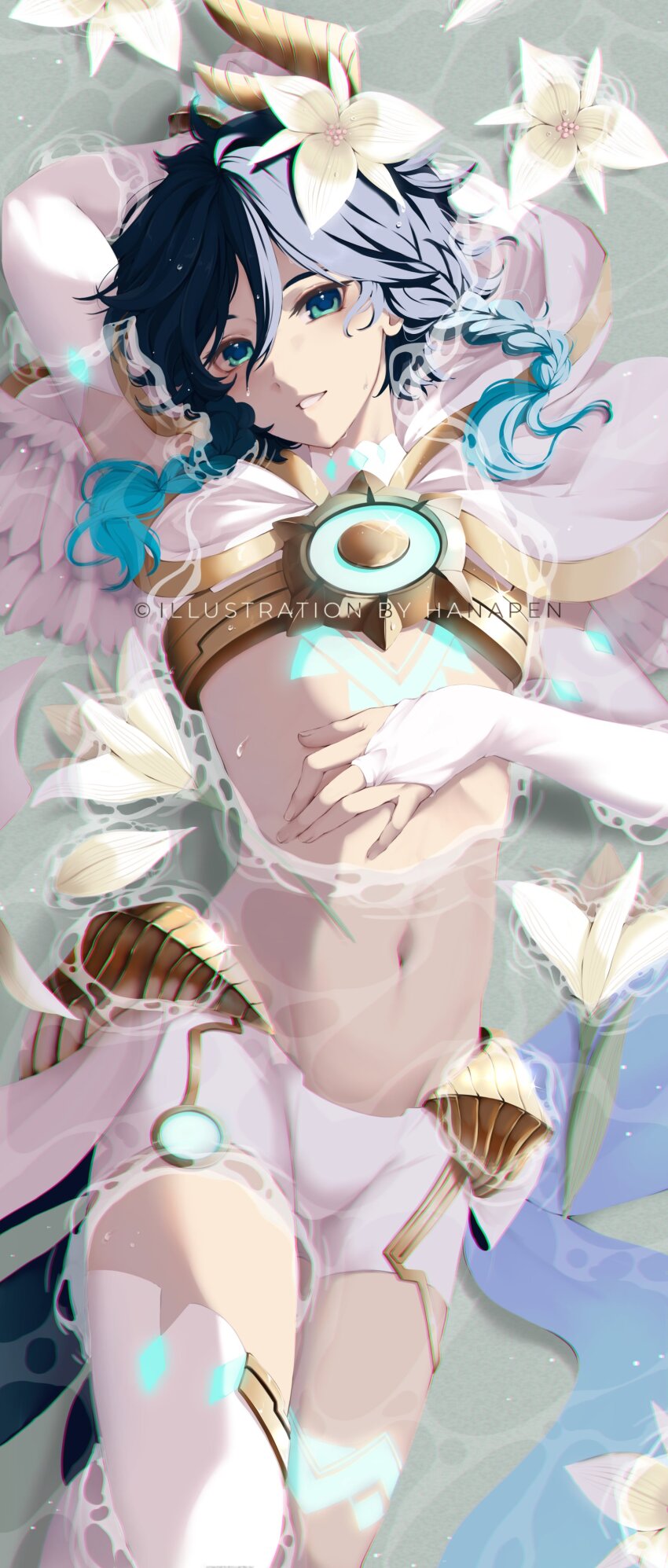 1boy, absurdres, aqua_eyes, blue_hair, bridal_gauntlets, capelet, chest_tattoo, crop_top, elbow_gloves, flower, genshin_impact, gloves, gold_trim, gradient_hair, hair_flower, hair_ornament, hanapen, hand_on_own_chest, highres, hood, hooded_capelet, leg_tattoo, male_focus, multicolored_hair, official_alternate_costume, partially_submerged, short_hair_with_long_locks, shorts, single_thighhigh, solo, tattoo, thighhighs, venti_(archon)_(genshin_impact), venti_(genshin_impact), white_flower, white_gloves, white_shorts