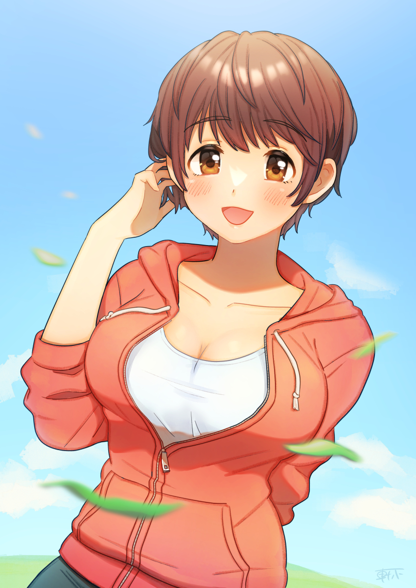 1girl, absurdres, arm_behind_back, blurry, blush, breasts, brown_eyes, brown_hair, cleavage, cloud, collarbone, day, depth_of_field, dot_nose, falling_leaves, grass, hand_up, highres, hood, hood_down, hoodie, idolmaster, idolmaster_cinderella_girls, idolmaster_cinderella_girls_starlight_stage, kikiki_kinosita, large_breasts, leaf, long_sleeves, looking_at_viewer, oikawa_shizuku, open_mouth, outdoors, partially_unzipped, red_hoodie, shirt, short_hair, signature, sky, smile, solo, standing, white_shirt, zipper, zipper_pull_tab
