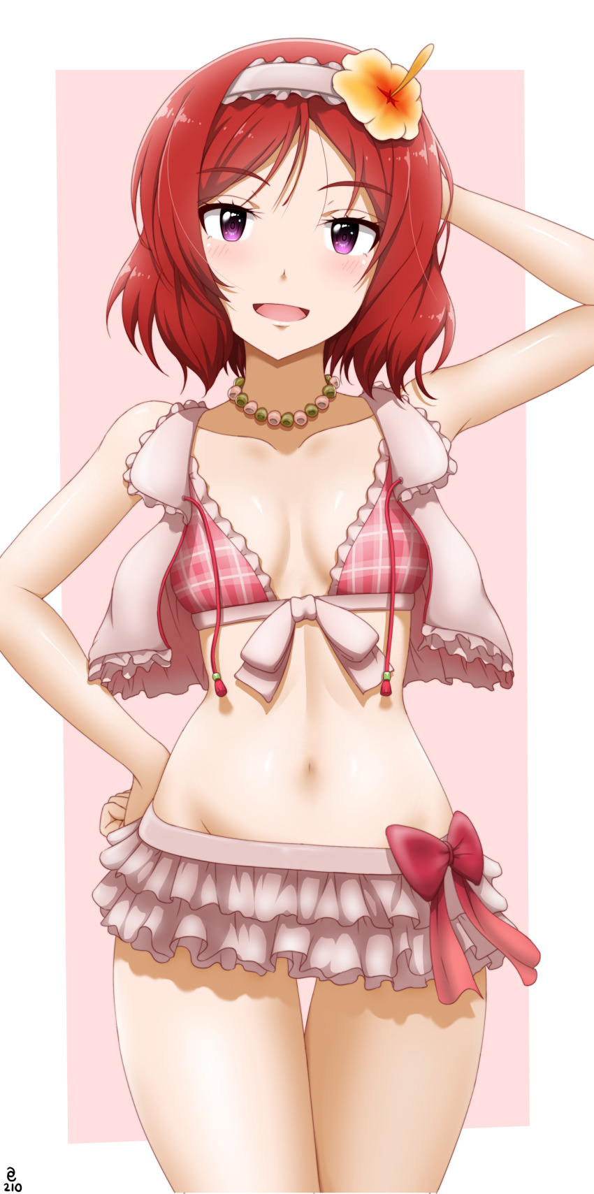 1girl, a_port_in_any_storm, absurdres, bare_shoulders, breasts, cleavage, highres, looking_at_viewer, love_live!, nishikino_maki, open_mouth, purple_eyes, red_hair, small_breasts, smile, solo, swimsuit