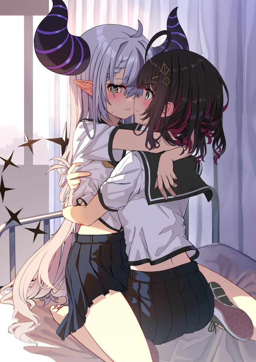 2girls, absurdres, aqua_eyes, ass, barefoot, black_hair, black_skirt, blush