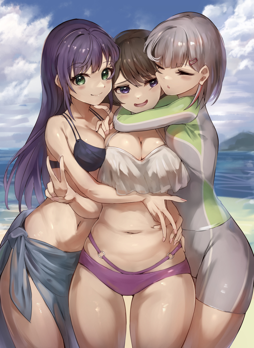 3girls, absurdres, arms_around_neck, beach, bikini, bikini_skirt, black_bikini, blue_sky