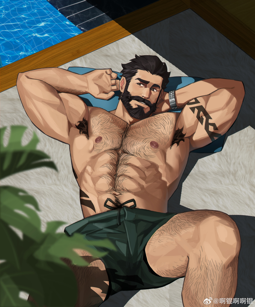 1boy, abs, absurdres, akunaakun_(kunkun586586), arm_tattoo, armpit_hair, bara, black_hair, chest_hair, graves_(league_of_legends), green_male_swimwear, highres, large_pectorals, league_of_legends, lying, male_focus, male_swimwear, muscular, muscular_male, navel, navel_hair, nipples, official_alternate_costume, on_back, pectorals, pool_party_graves, short_hair, solo, tattoo, topless_male, watch, wristwatch