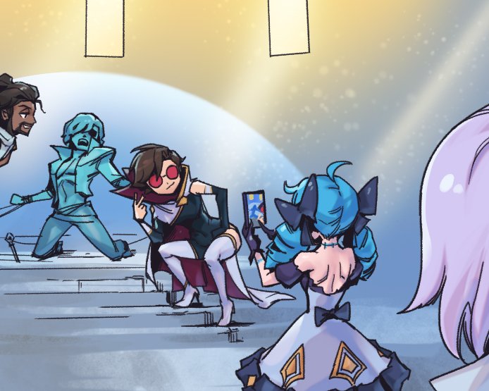 2boys, 2girls, ahoge, akshan_(league_of_legends), bare_shoulders, black_bow, black_sleeves, boots