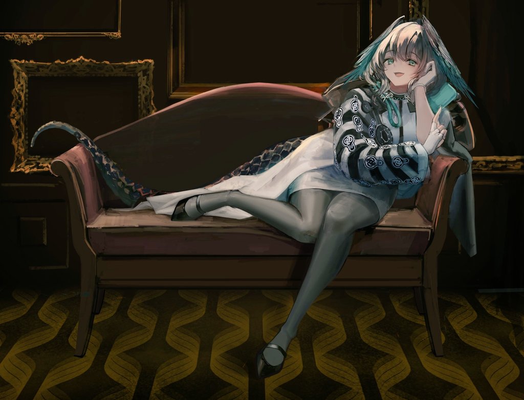1girl, aqua_eyes, arknights, black_footwear, black_pantyhose, commentary, couch, fingerless_gloves