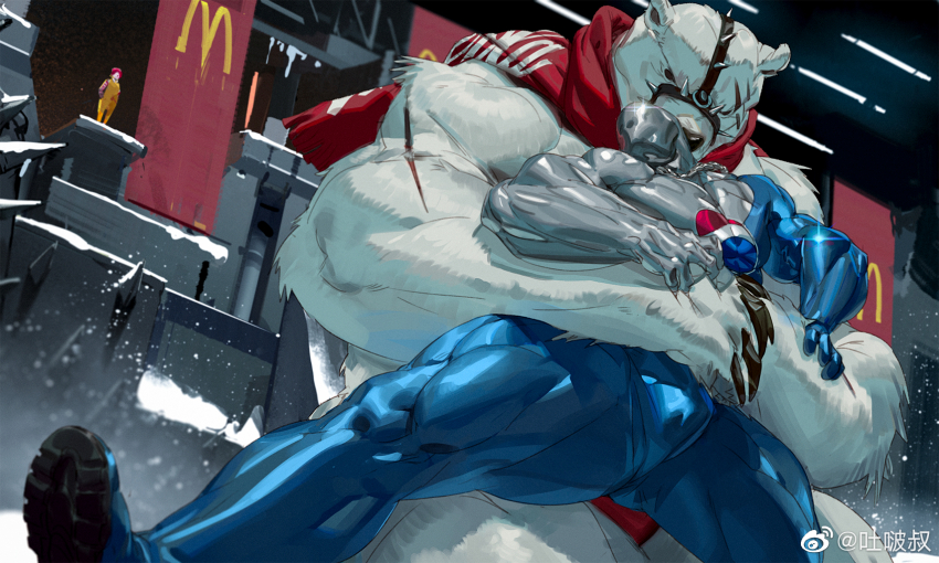 3boys, bara, bear_boy, bulge, cloak, clown, clown_boy, coca-cola
