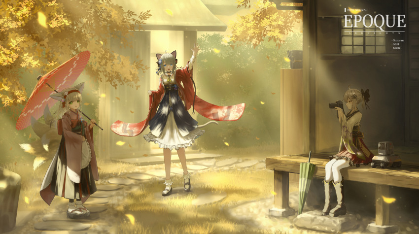 3girls, :o, absurdres, animal_ear_fluff, animal_ears, apron, architecture, arknights
